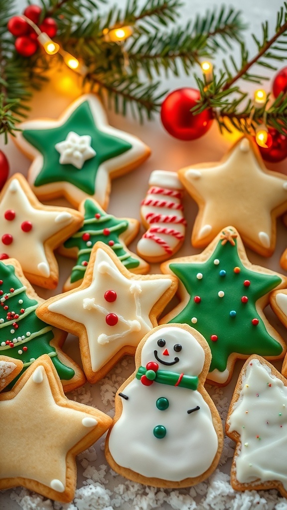 Christmas Cookie Decorating Ideas A variety of decorated Christmas cookies in festive shapes on a holiday-themed table.